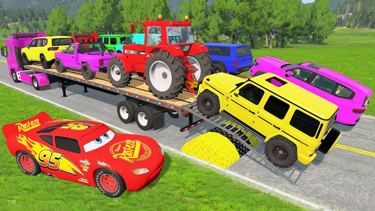 Flatbed Truck Mcqueen | Transportation with Truck - Pothole vs Car #10 - BeamNG.Drive