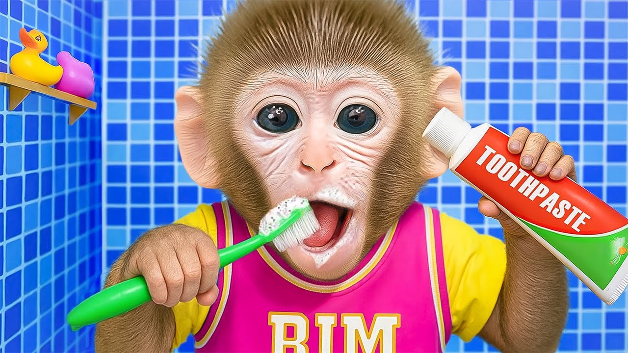 Mono Se Cepilla Los Dientes Por La Mañana En El Baño