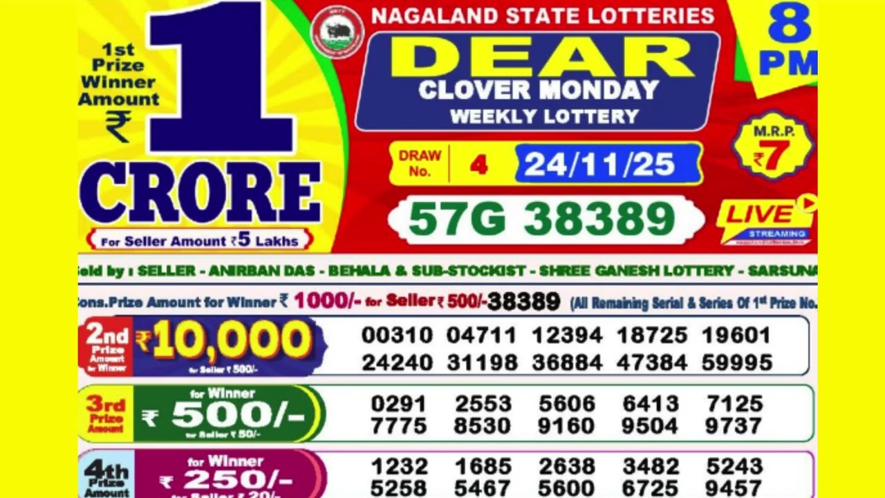 DEAR CLOVER MONDAY WEEKLY LOTTERY TODAY RESULT 8 PM 24/11/25