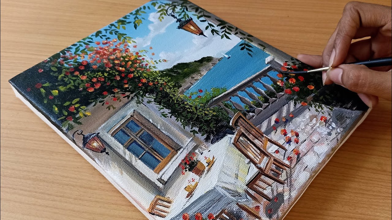 How to Paint A Beautiful Seaside in Acrylic/ How to Draw A Cottage With Flowers/Acrylic Painting 