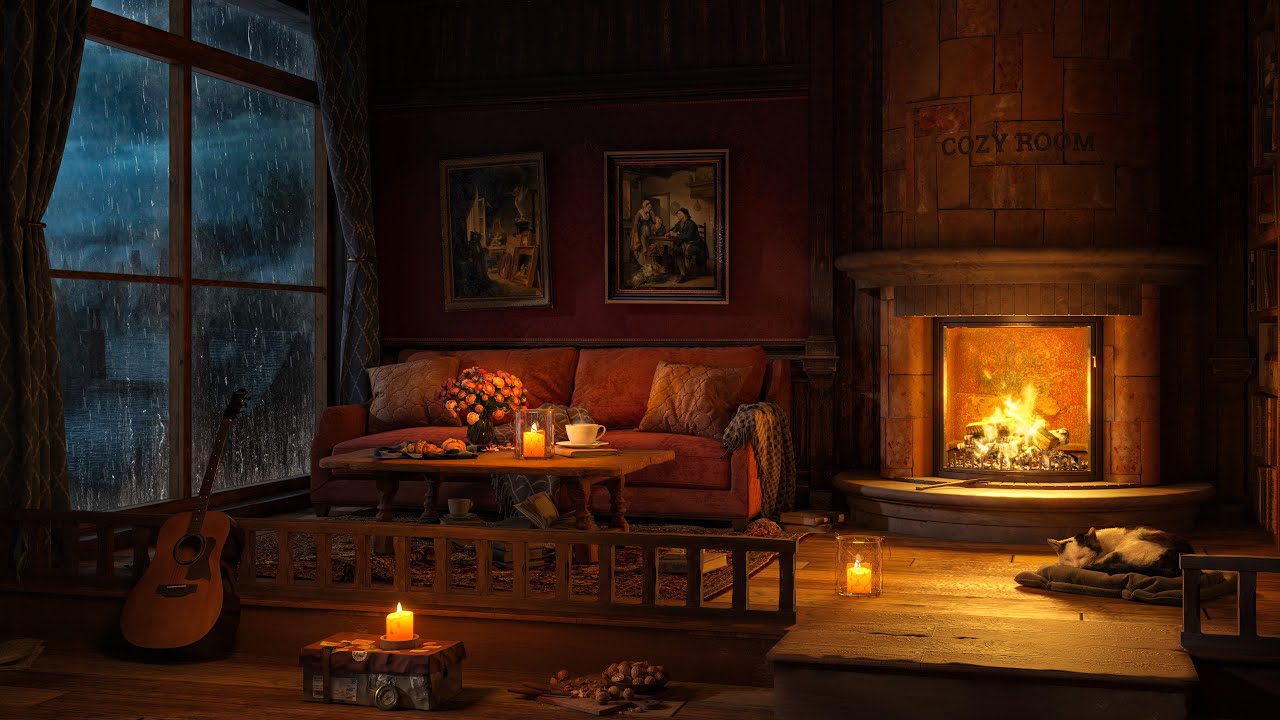 4K Cozy Country Cottage Ambiance 🌨️ Gentle Jazz, Rain & Fireplace Sounds to Relax, Study, Sleep