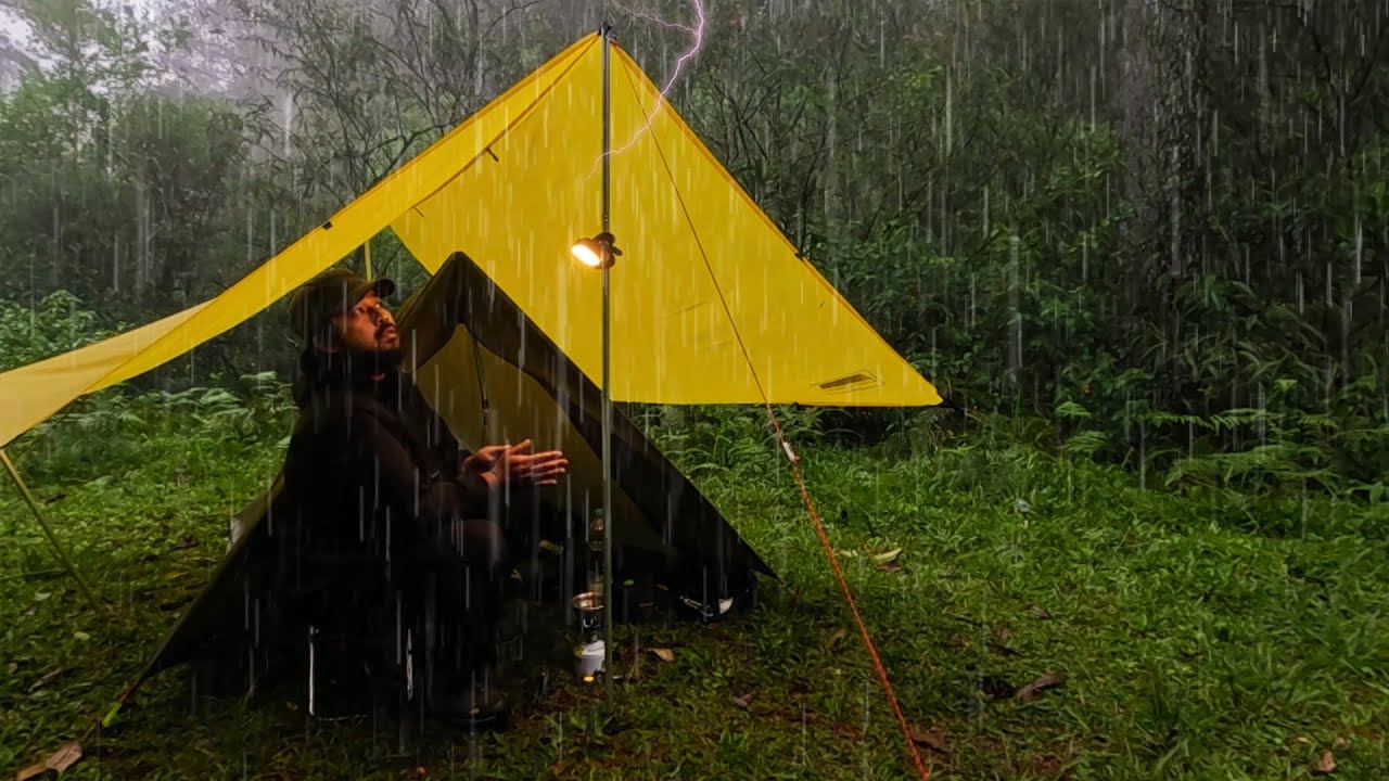 POWERFULL HEAVY RAIN! SOLO CAMPING IN HEAVY RAIN AND THUNDER - RELAXING CAMPING RAIN