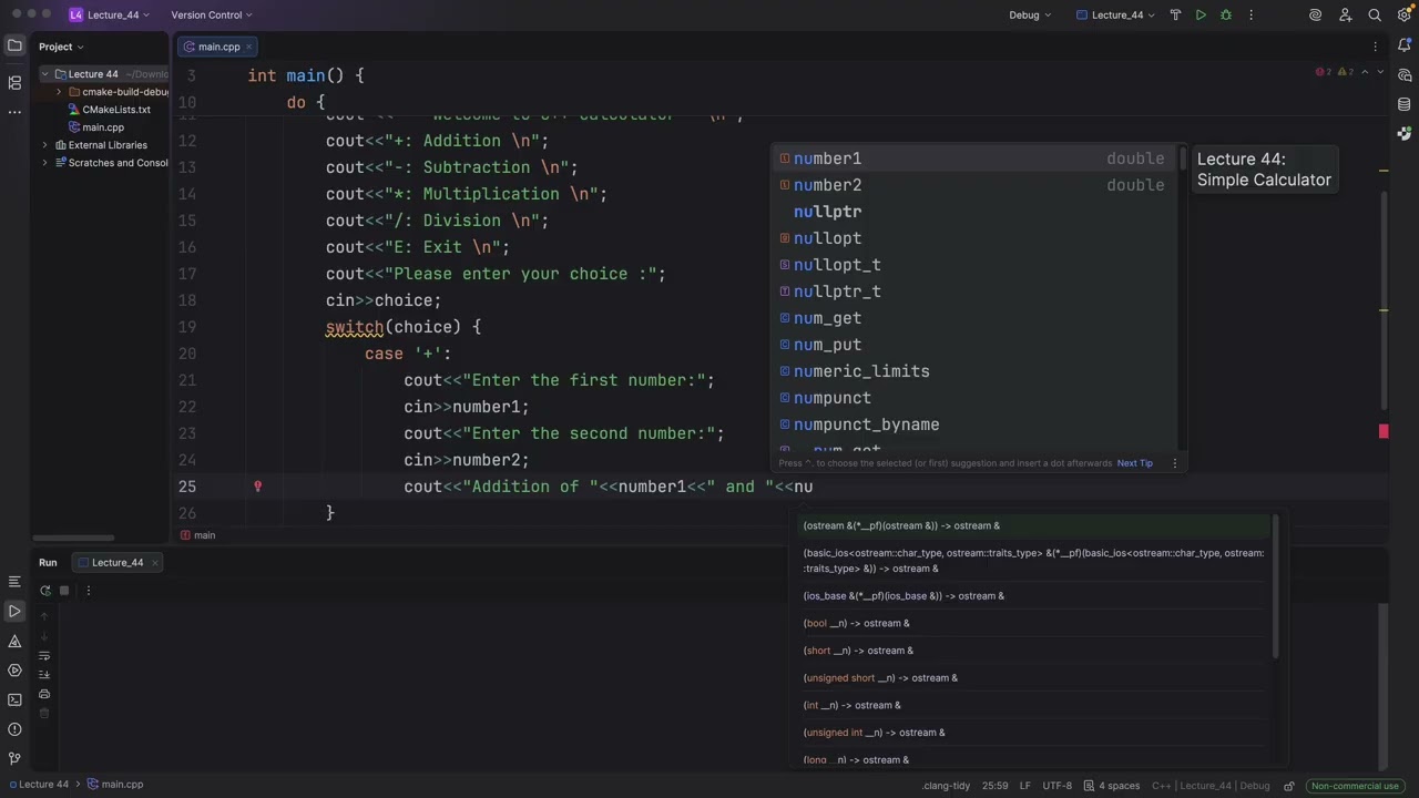 C++ Lecture 44: Simple Calculator Using Do While Loop and Switch Case