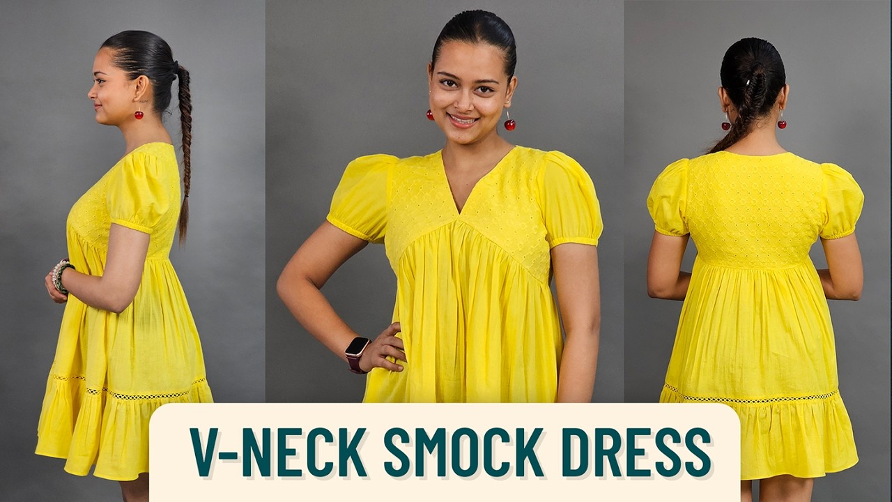🌼✨ V-Neck Smock Dress – Learn with Priya Ma’am ✨🌼