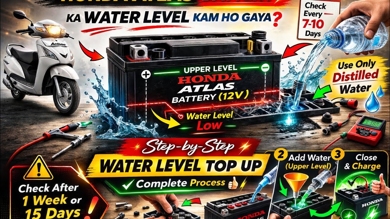 Honda Atlas Battery Water Level Kam Ho Gaya? | Sahi Tarika Kya Hai? | Complete Guide