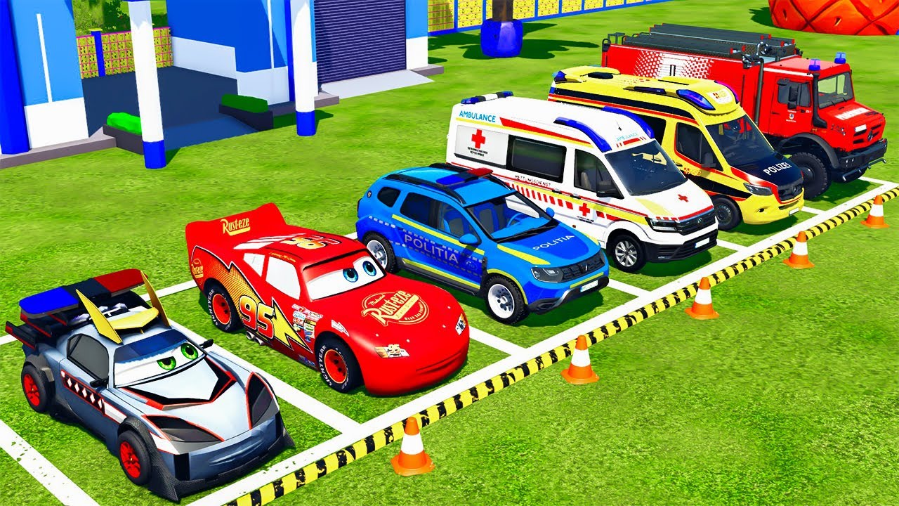 TRANSPORTING MCQUEEN, FIXAR CAR, DACIA, AMBULANCE EMERGENCY, FIRE ENGINE WITH MAN TRUCK ! FS22