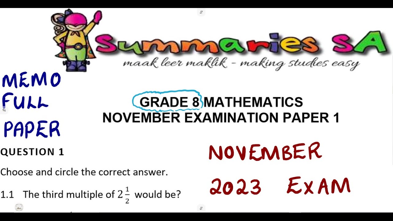 Mathematics Grade 8 November 2023 Paper 1 Exam Revision Memo Term 4 Exam Paper