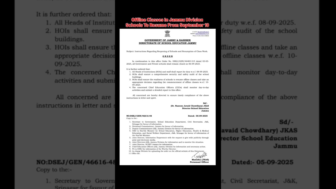 Offline Classes In Jammu Division Schools To Resume From September 10