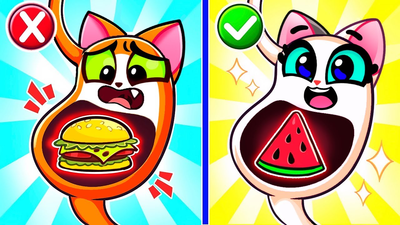 Don't Overeat, Baby Cat! 🍎🍕Healthy VS Junkfood 🌟Cartoon by Purr-Purr Stories