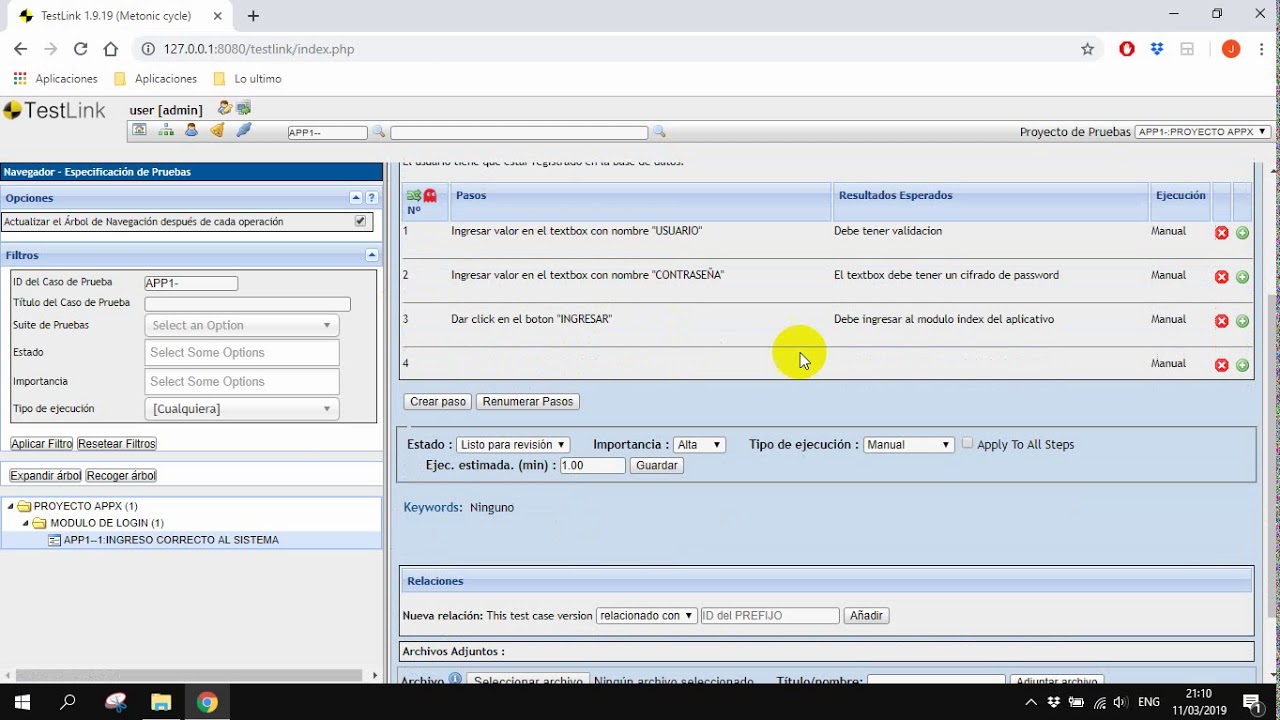 Proyecto en testLink  con Ejecución