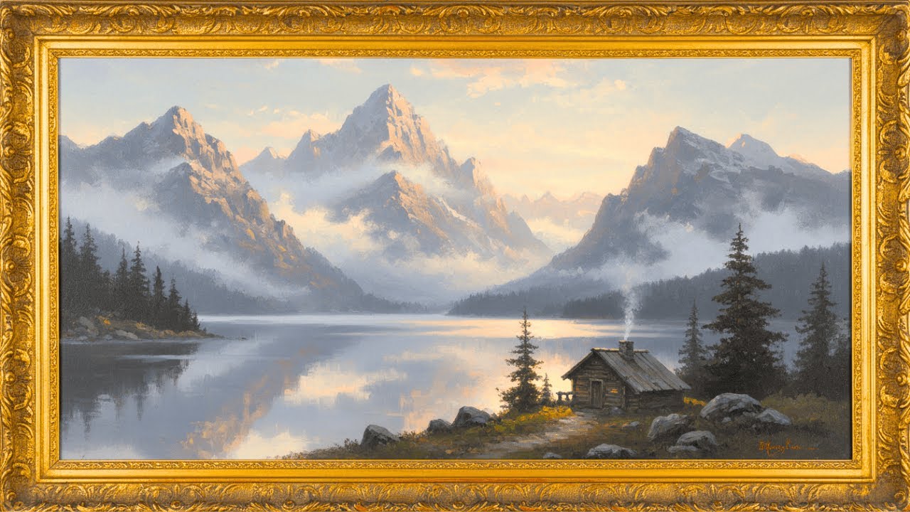 4K Frame TV Art: Misty Alps Landscape Painting | Vintage Gold Frame Display for Ambient Background