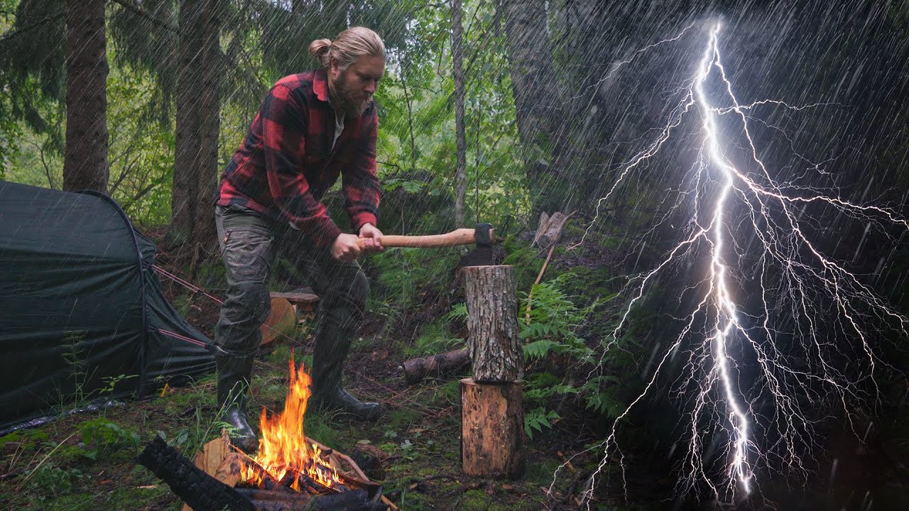 Wild Solo Camping in Rain and Thunder