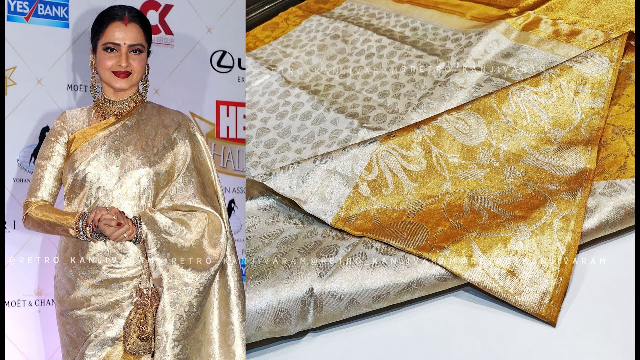 #RekhaJi’s Stunning #Silver Kanjivaram Saree | Classic #Gold Border South Indian Silk