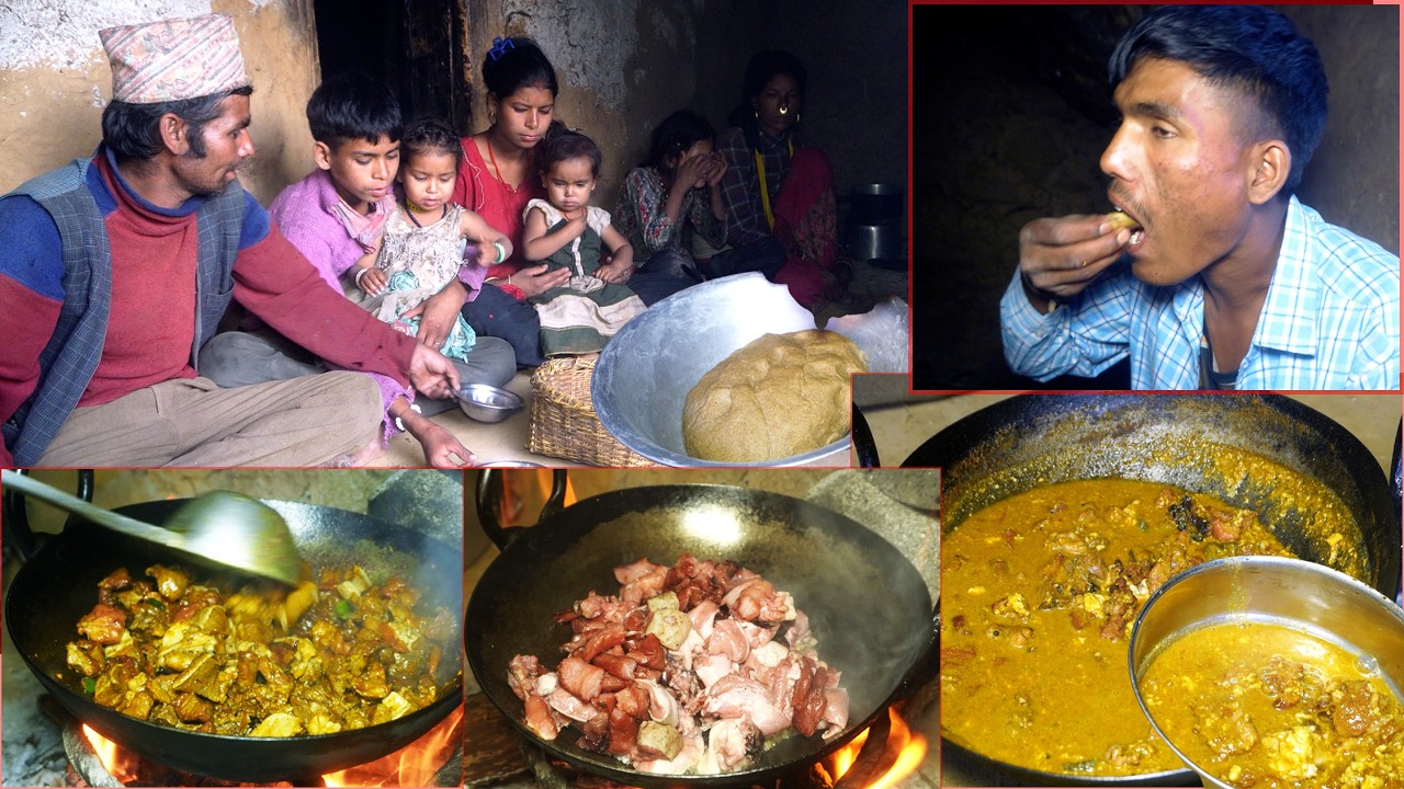 BUFF fry curry & bread in the family kitchen of dharme brother || rural Nepal || @junglefamily