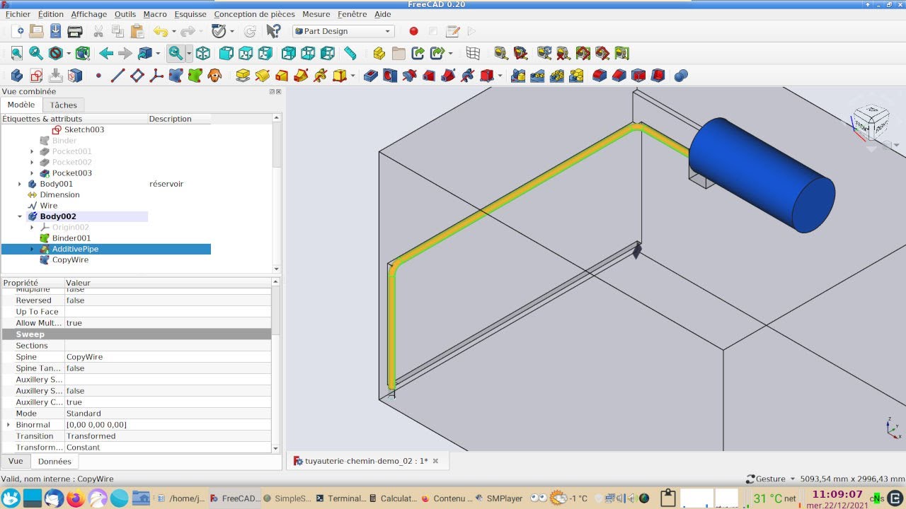 FreeCAD 0.20 : Tracé ou chemin pour un balayage de Tuyauterie, canalisation, cordes etc. Version_02