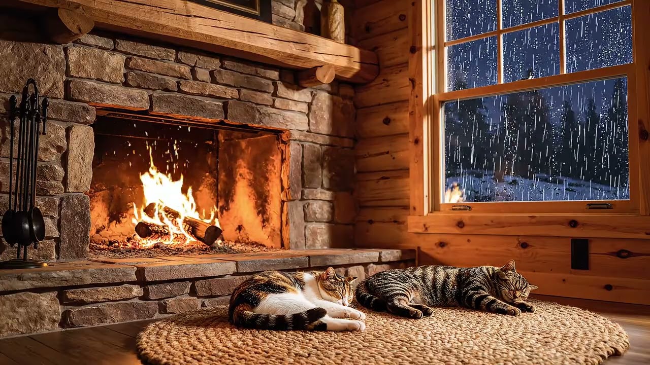 1 Hour Cozy Fireplace & Snow ASMR | Sleeping Cats | 4K