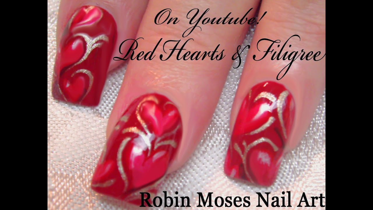 Valentine's Day Nail Art Tutorial | Red Heart Nails with Filigree Design