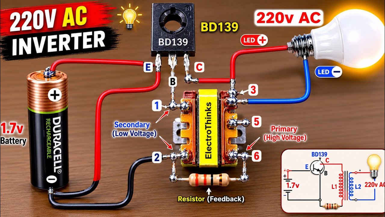 Sempel 1.7v To 220v Mini Inverter Using Transistor || Best Project
