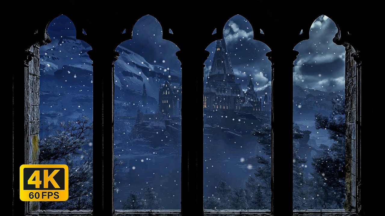 4K Harry Potter Hogwarts Castle Window View - Snow Ambience & Wind Sounds for Study and Sleep