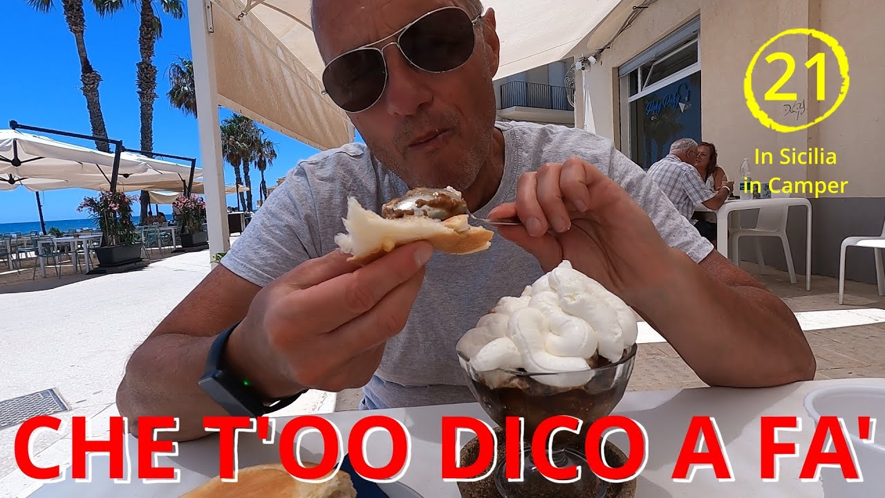 IN CAMPER IN SICILIA 21 - SAMPIERI - COLAZIONE SICILIANA GRANITA AL CAFFE' CON BRIOCHE