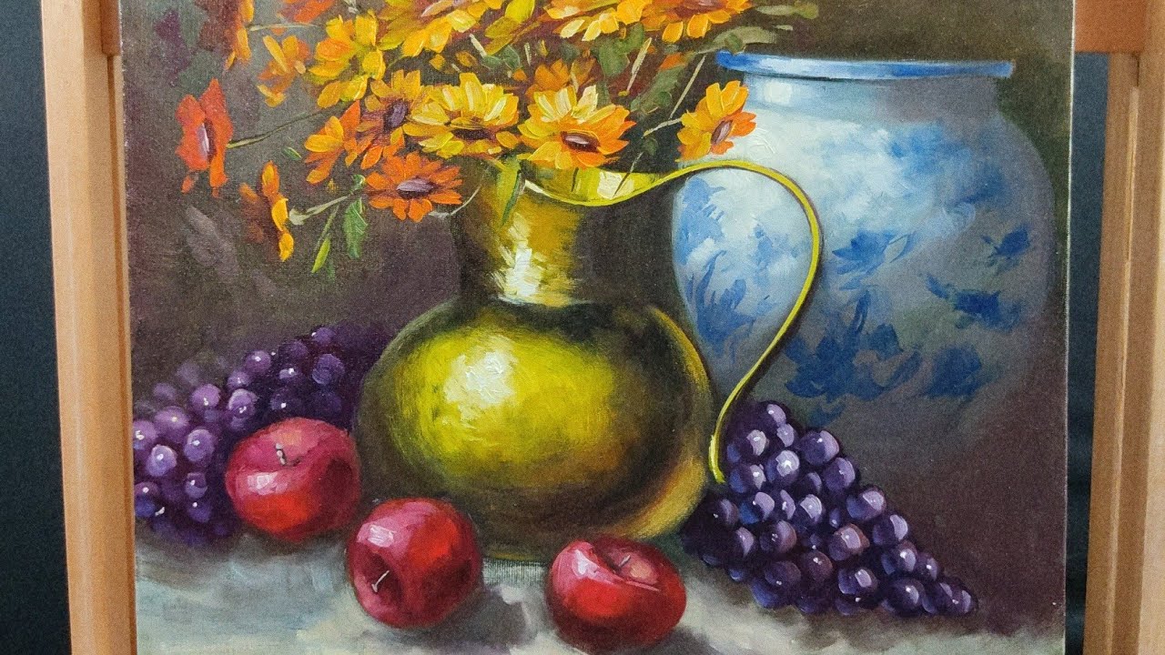 Pintura Natureza Morta vaso dourado porcelana maçãs uvas óleo sobre tela Márcio Monteiro