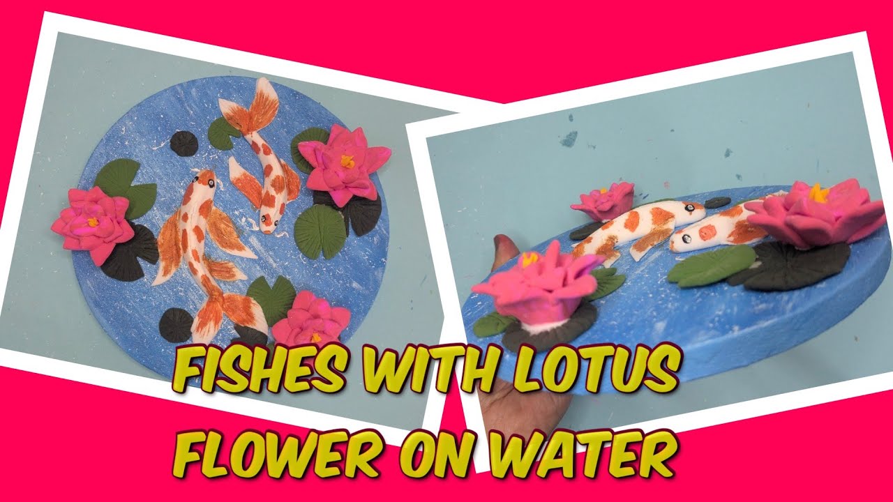 Real 3D fishes with lotus flowers on water