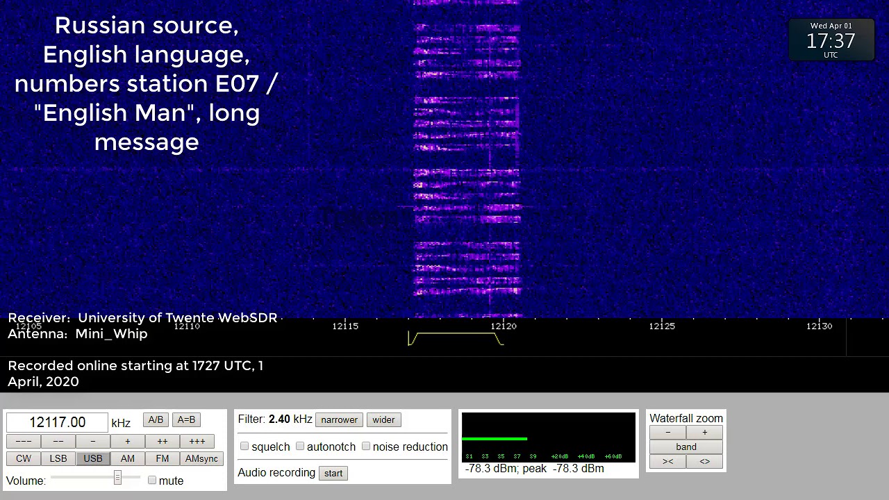 Numbers Station, Russian, E07, long message 12117 kHz, AM mode, 01 April, 2020, 1727 UTC