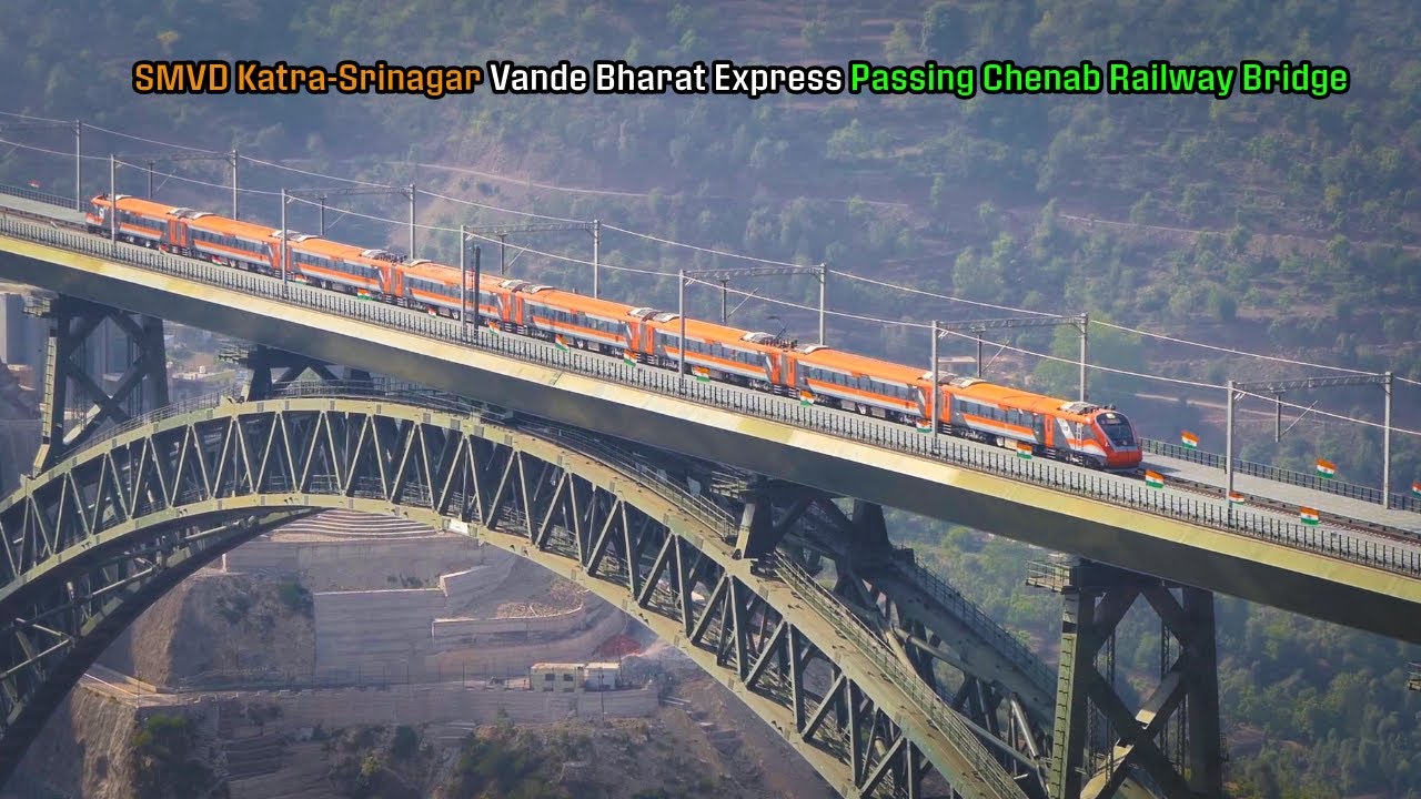 1st Train to Kashmir: Birds Eye View of Katra-Srinagar Vande Bharat Express Crossing Chenab Bridge.!