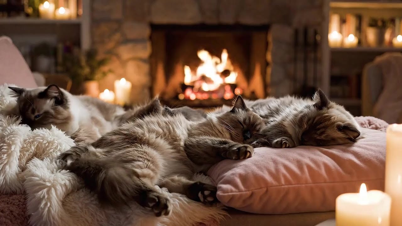 Cozy 20-minute ambient video of gently purring cats resting by a warm, crackling fireplace. 20min