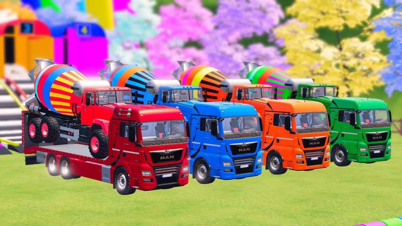 Garage with Colors   ALL MIXER TRUCK WITH DOUBLE FLATBED TRAILER TRUCK, TESLA, MAN, MERCY  FS22 #013