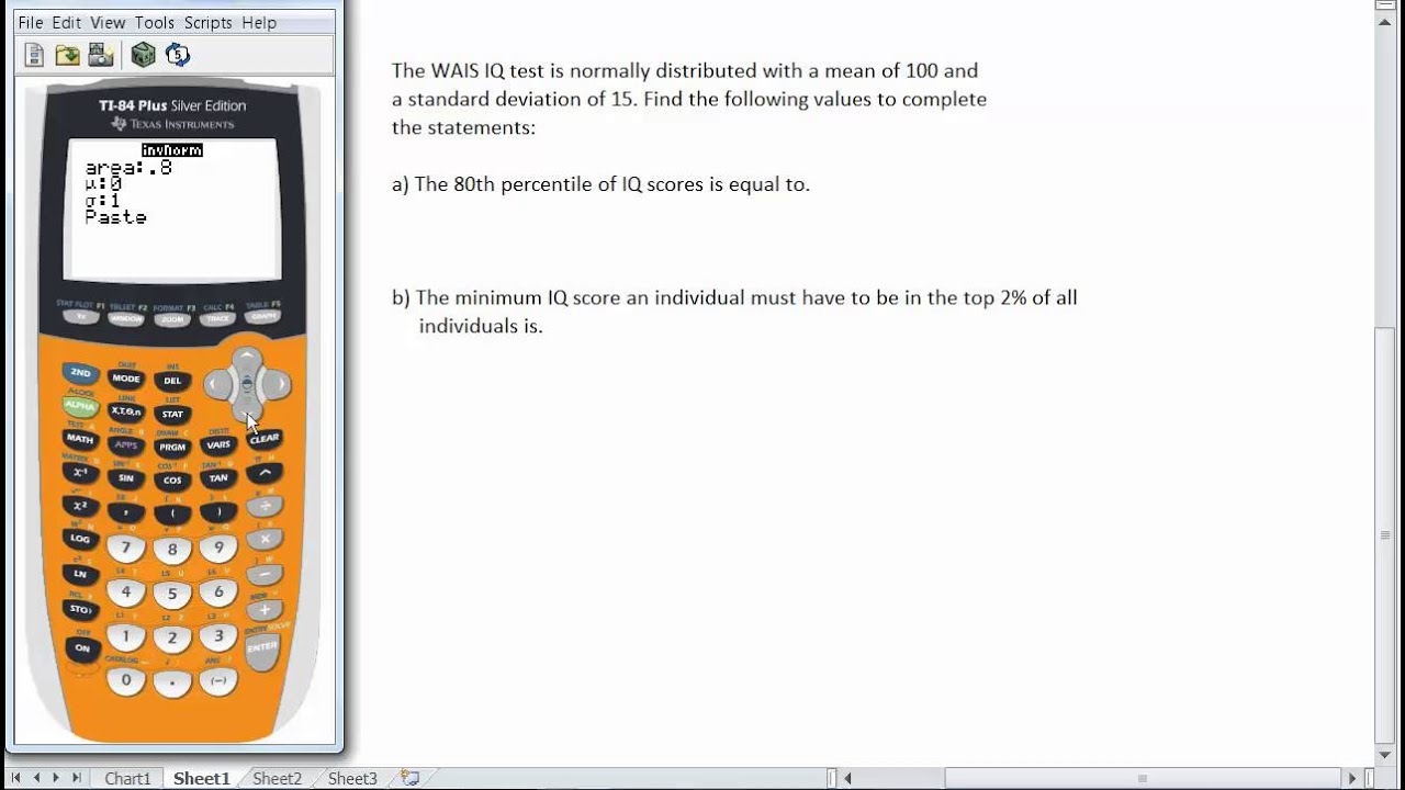 Finding Percentiles in the Normal Distribution with the TI84 Calculator.