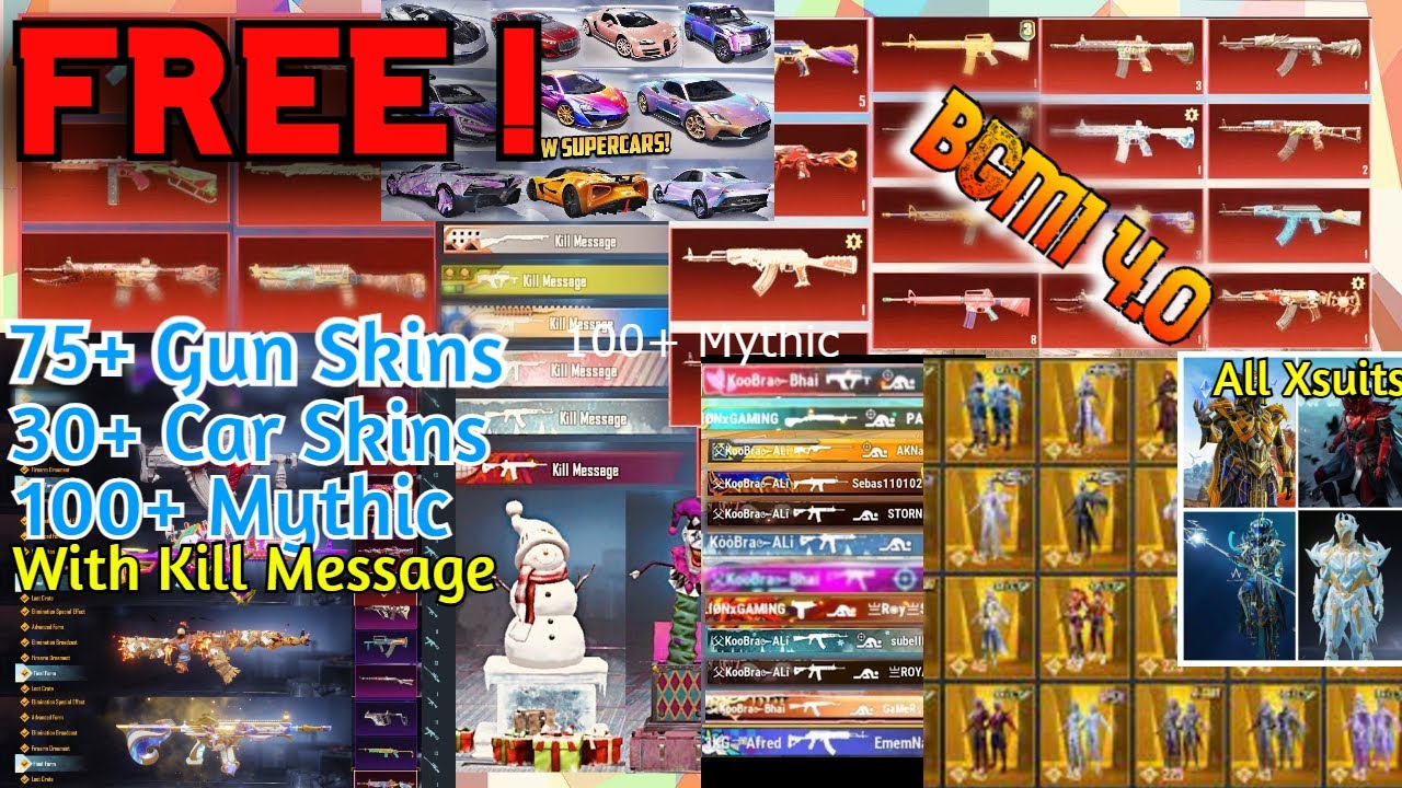 BGMI 4.0 ( ULTIMATE SKINS PACK ) 🔥( 75+ MAX SKINS + Xsuits + ALL SUPERCARS +) UPDATED ! FREE !