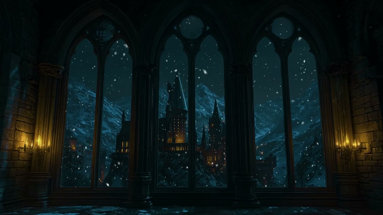 Hogwarts Snowy Window Evening | Calm Winter Atmosphere & Soft Wind for Study Focus and Deep Rest