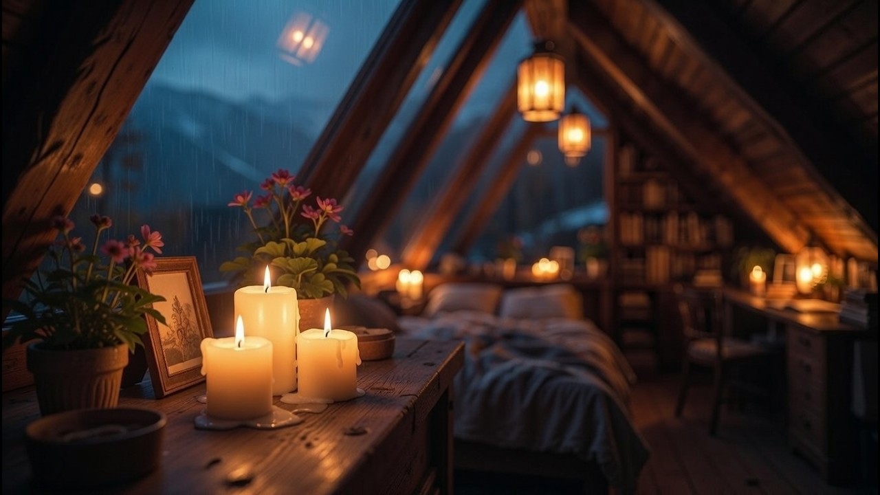Cozy Attic Bedroom in Rainstorm 🌧️ Fireplace Warmth & Gentle Thunder | ASMR Rain for Deep Sleep