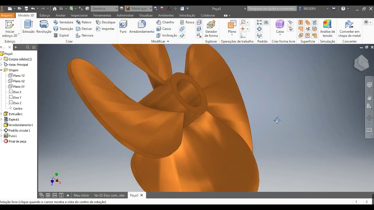 Aula 33–Exercício-23_Comando Espiral Coil para modelar uma Hélice (Propeller) no Inventor.