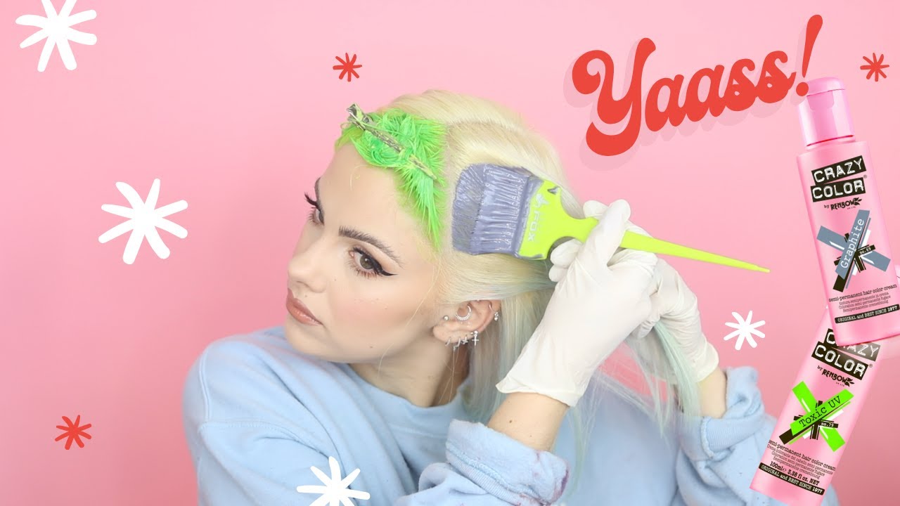Краслю волосы в неоново-зеленый и серый цвета с помощью Crazy Color.