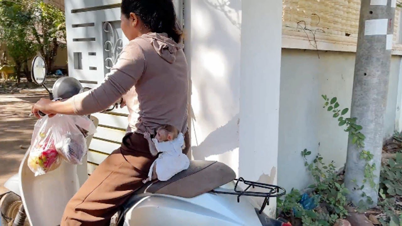Wow Tiny Princess Ride Motorbike Behind Mom From Market