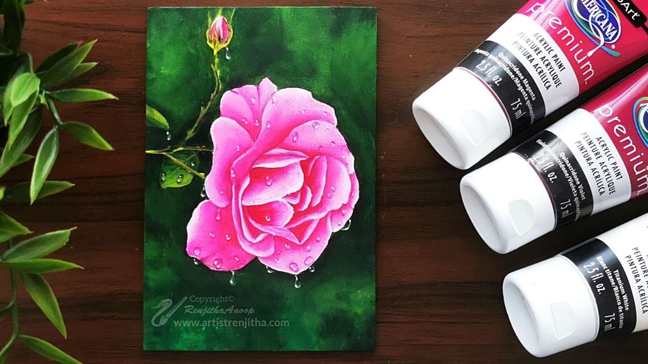 🌹 Как нарисовать РОЗУ 🌹 и капельки воды акриловая картина на ДЕРЕВЯННОМ панно - ШАГ ЗА ШАГОМ