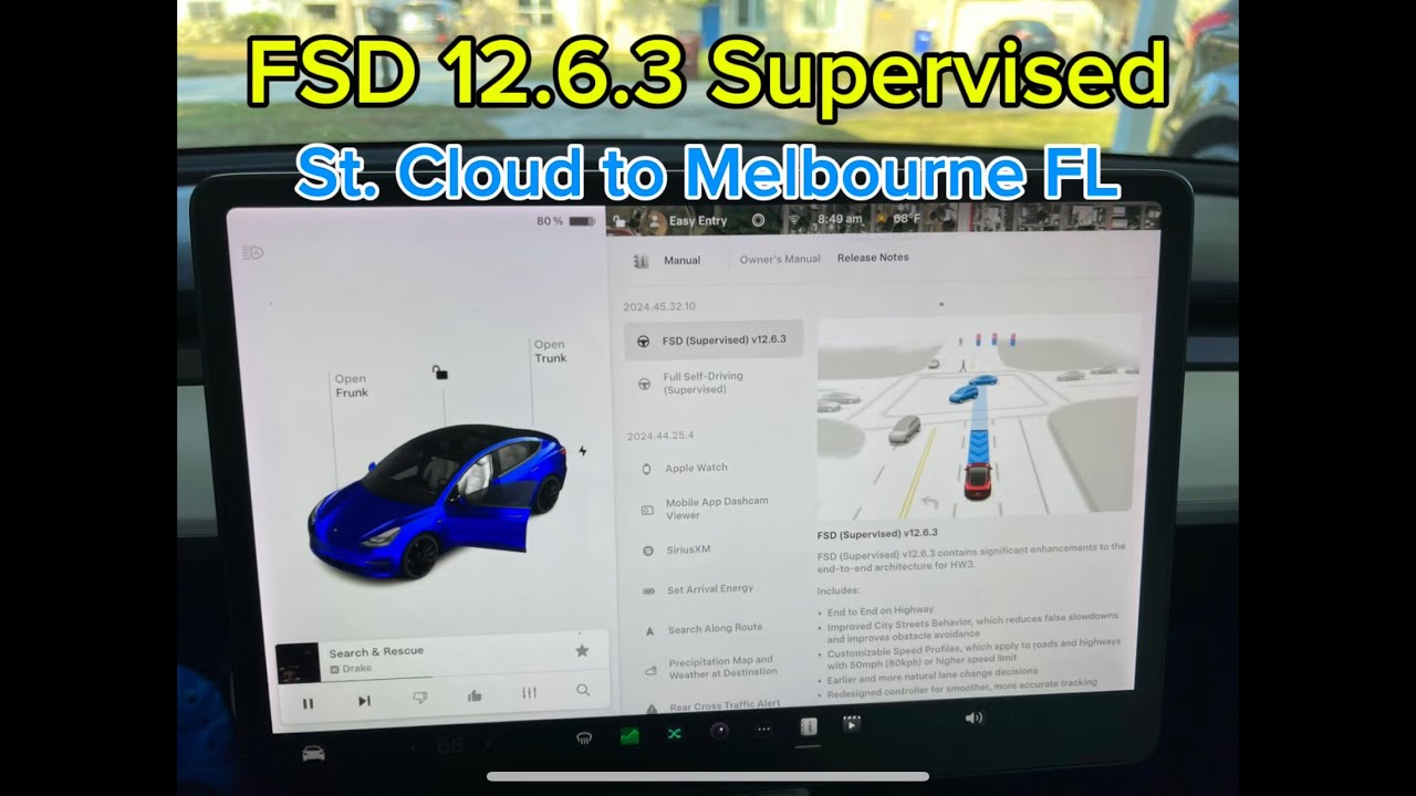Tesla FSD 12.6.3 drive St. Cloud to Melbourne, Florida