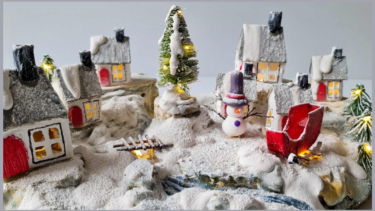 DIY Christmas village with miniature houses using paper and clay paste