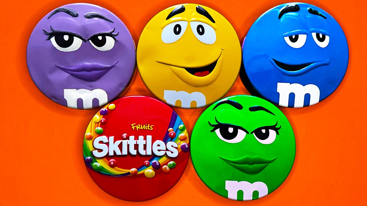 5 Minutes Satisfying with Unpacking Colorful Skittles and Chocolate M&M'S Candy From Funny Tins ASMR