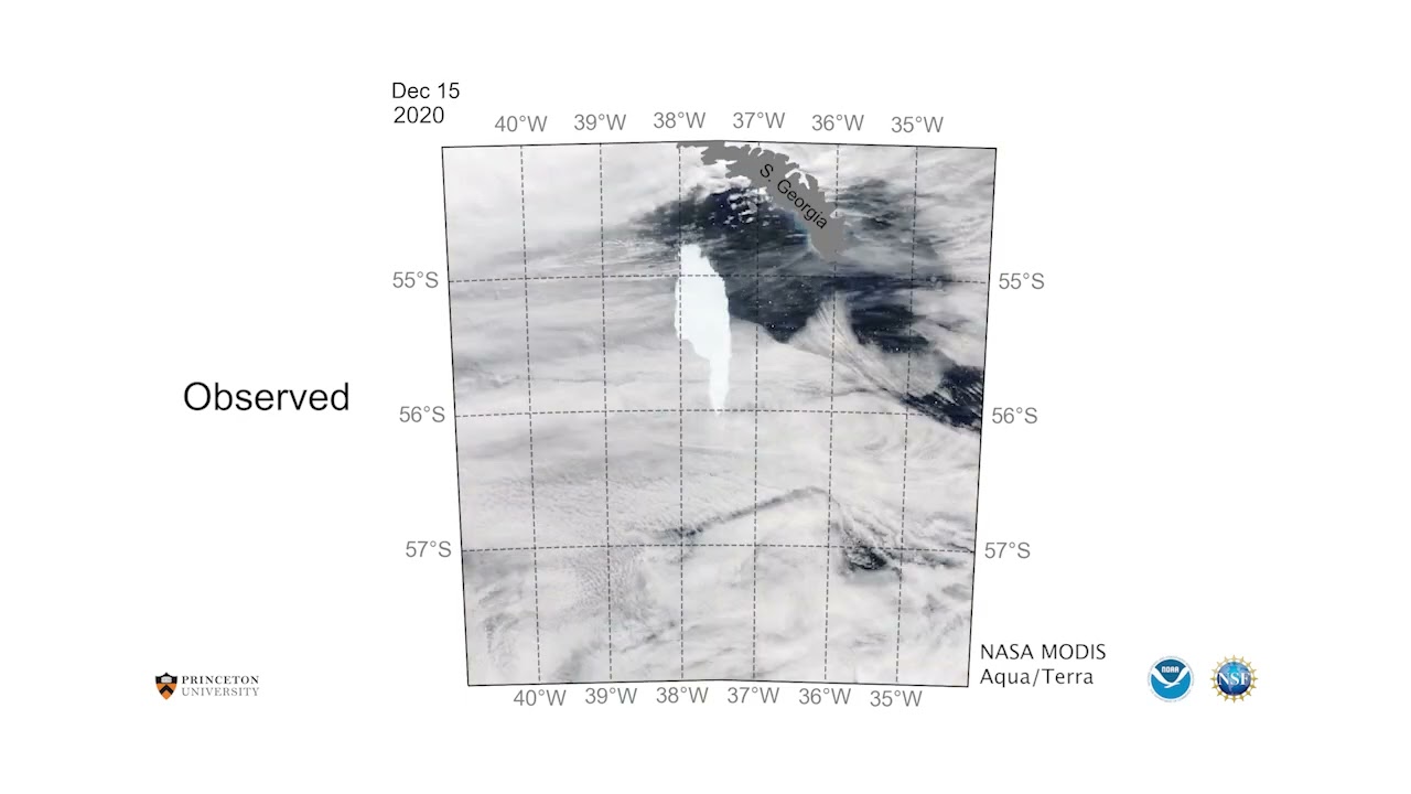 Ocean currents break up a tabular iceberg