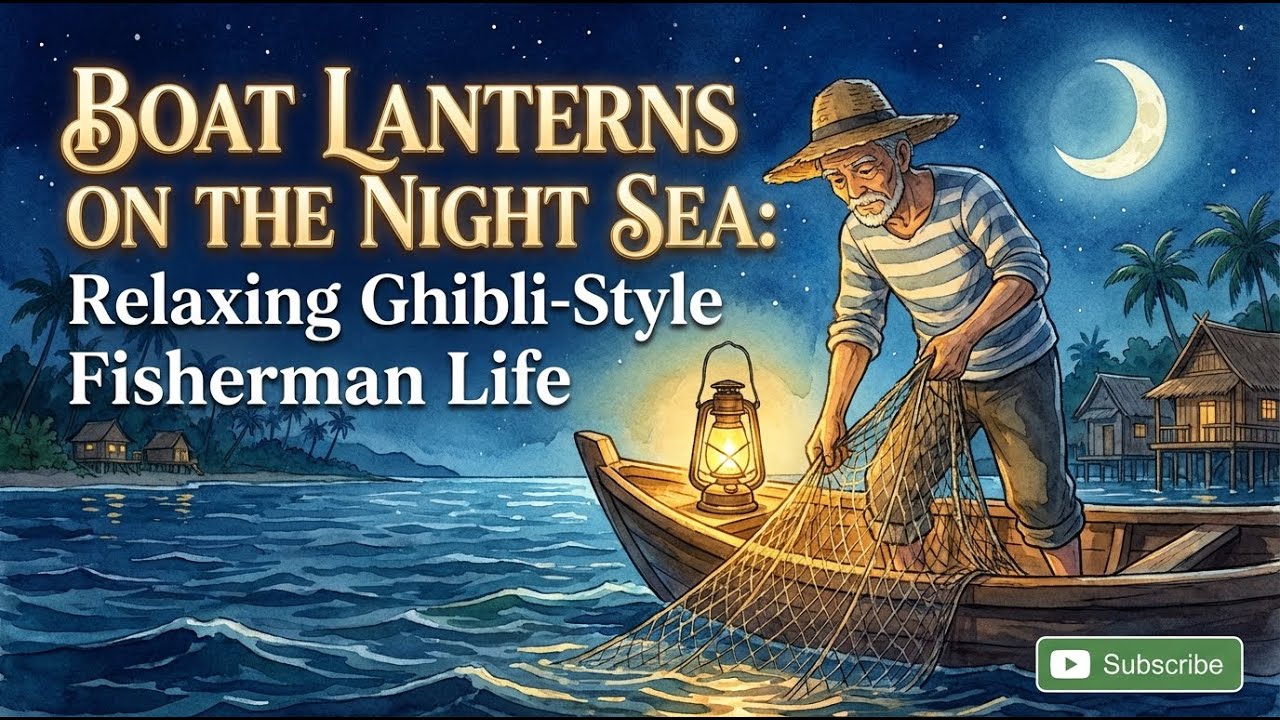 Cahaya Lampu Perahu di Laut Malam 🌙 Aktivitas Nelayan Ala Ghibli yang Menenangkan