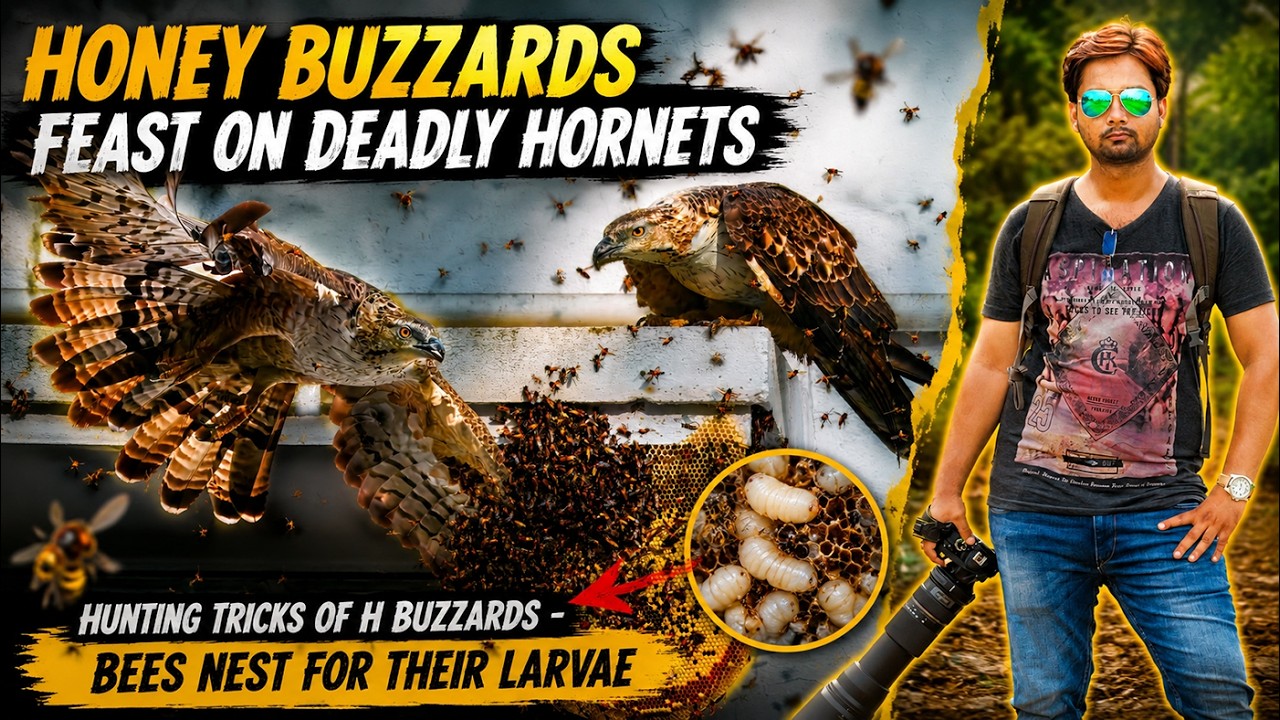 Honey Buzzard vs bee, Hunting tricks of Honey Buzzards - attack bees nest for their larvae & pupae