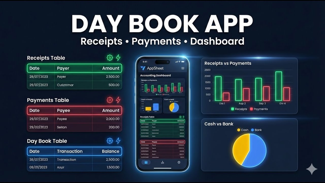 Automated Day Book App in AppSheet | Receipts, Payments & Dashboard