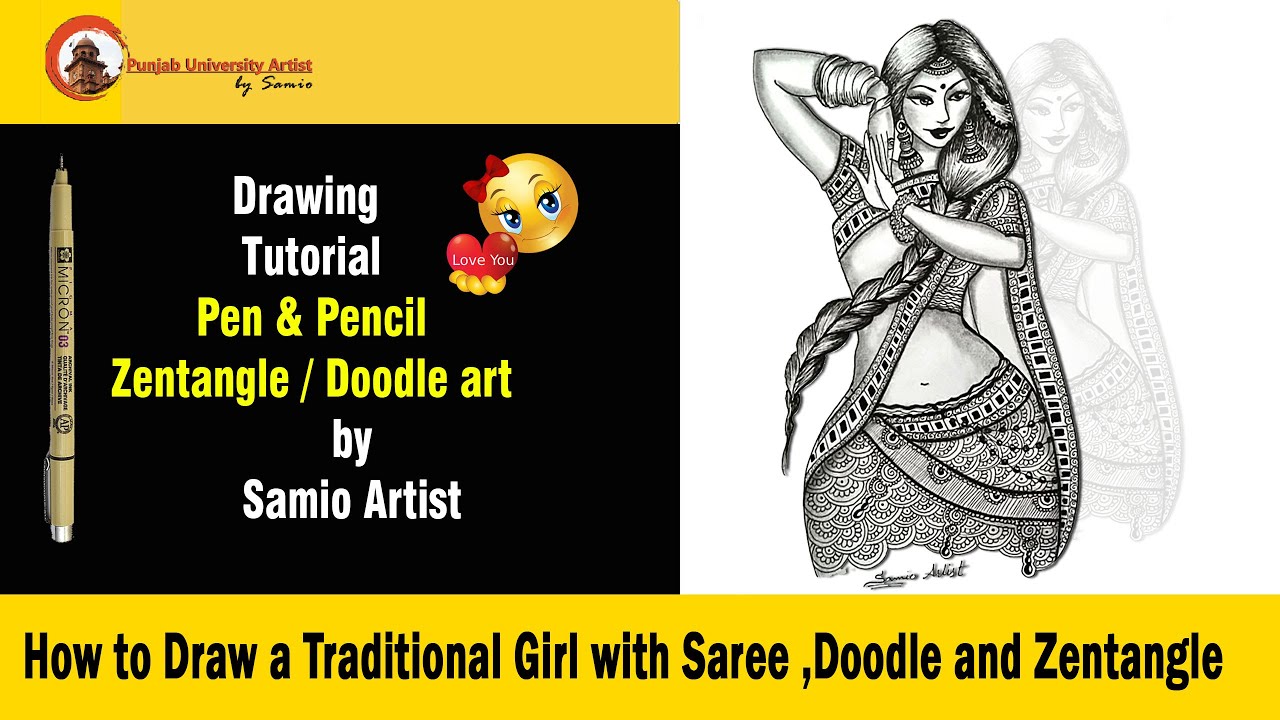 Doodle/ zentangle art Girl Beautiful Bridal in saree/ Draw a Traditional Girl with Saree/ MANDALA