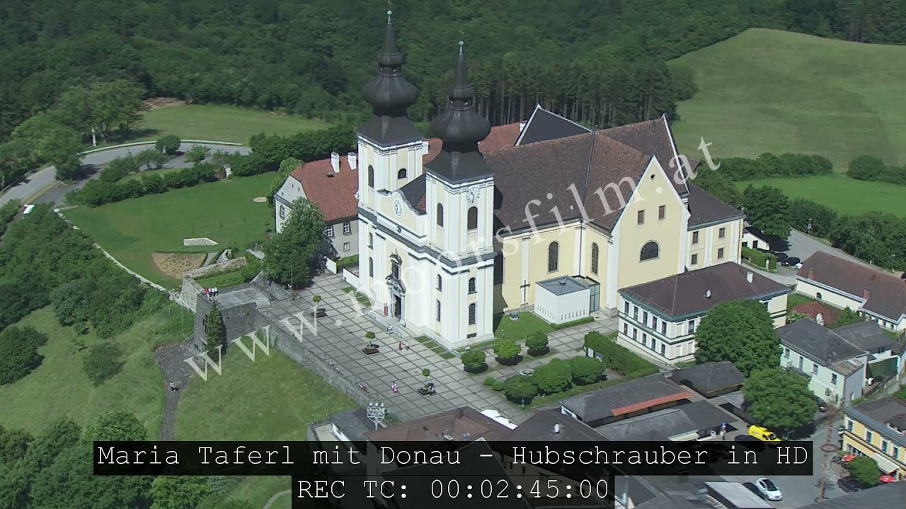 Flugaufnahmen Hubschrauber - Maria Taferl mit Donau in HD mit Timecode im Bild