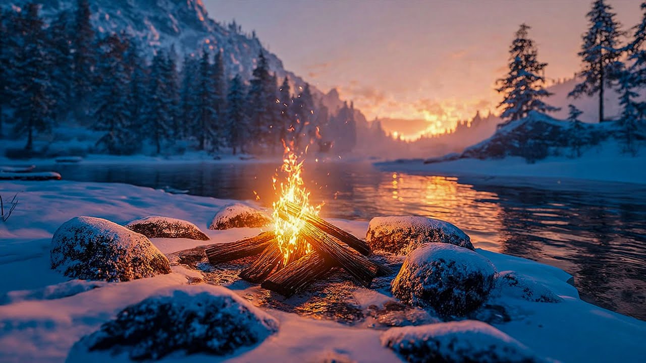 Frosted Fireside ❄️🍁 Riverside Campfire in Winter | Cozy Ambience for Peaceful Sleep