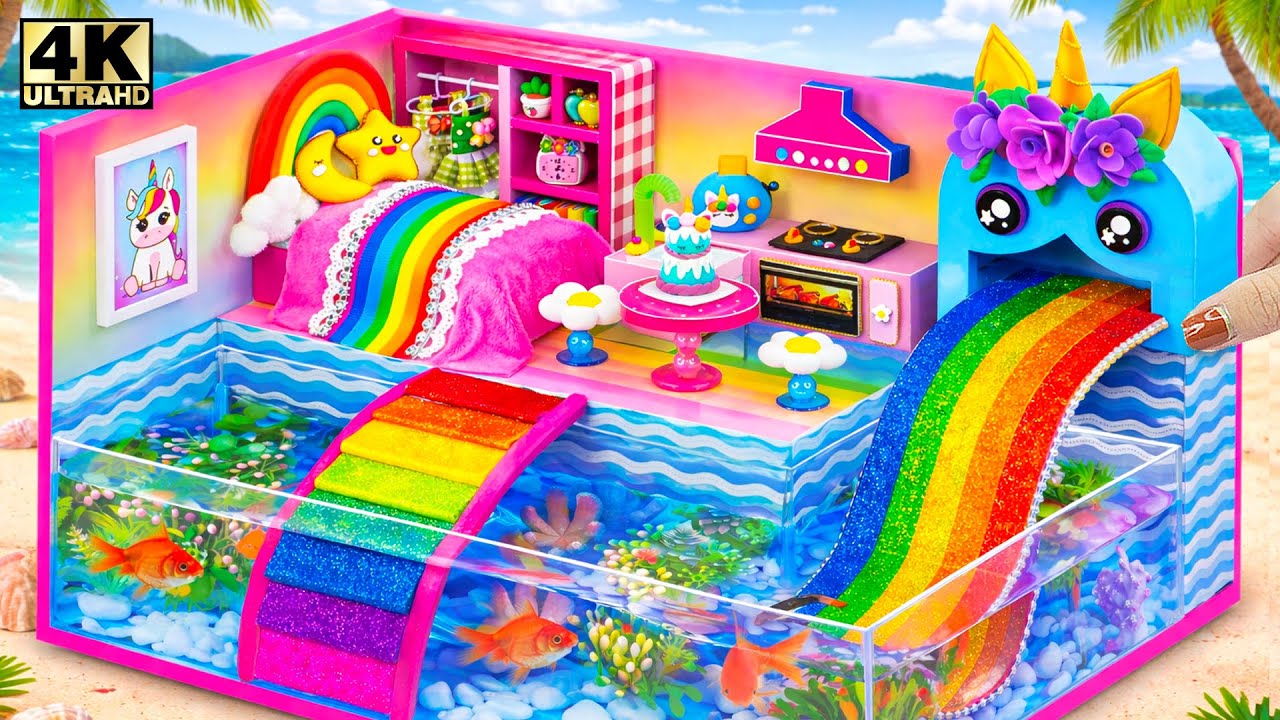 How to Make Unicorn House with Aquarium Around & Double Rainbow Silde | DIY Rainbow Miniature House