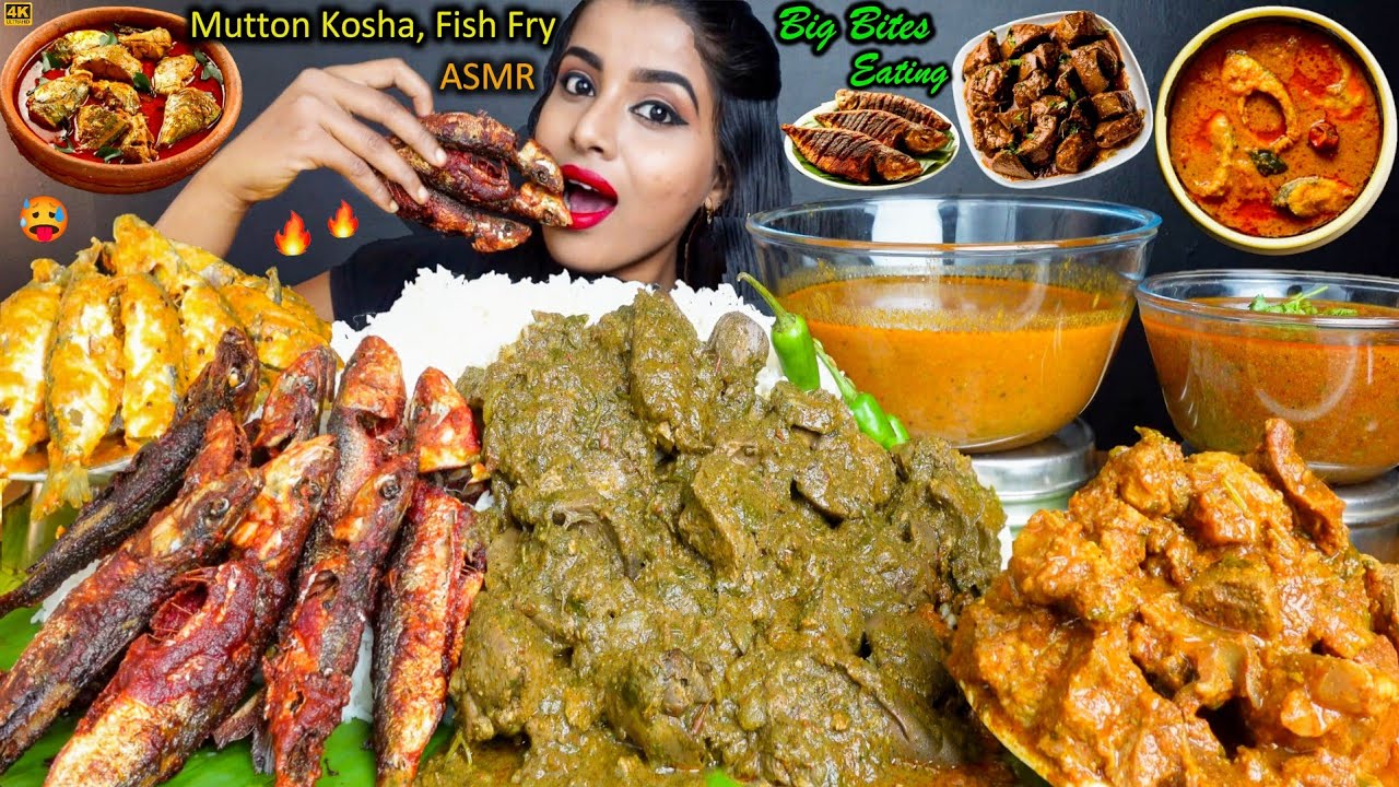 ASMR Eating Spicy Mutton Kosha,Fish Curry,Chicken Curry,Fish Fry,Rice Big Bites ASMR Eating Mukbang